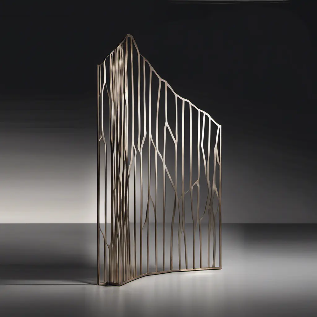 Bespoke freestanding sculptural metal room divider with an irregular sloped profile and organic vertical branch lines in a minimalist luxury interior.