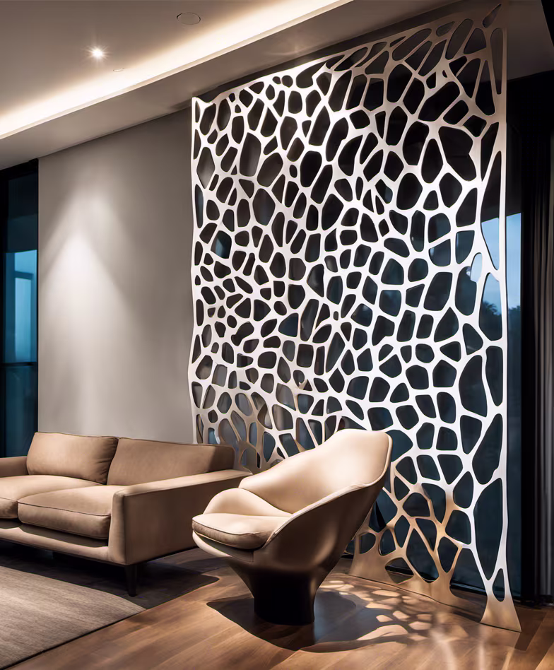 Large white organic cellular pattern laser-cut architectural partition wall screen in a modern luxury residential lounge setting.